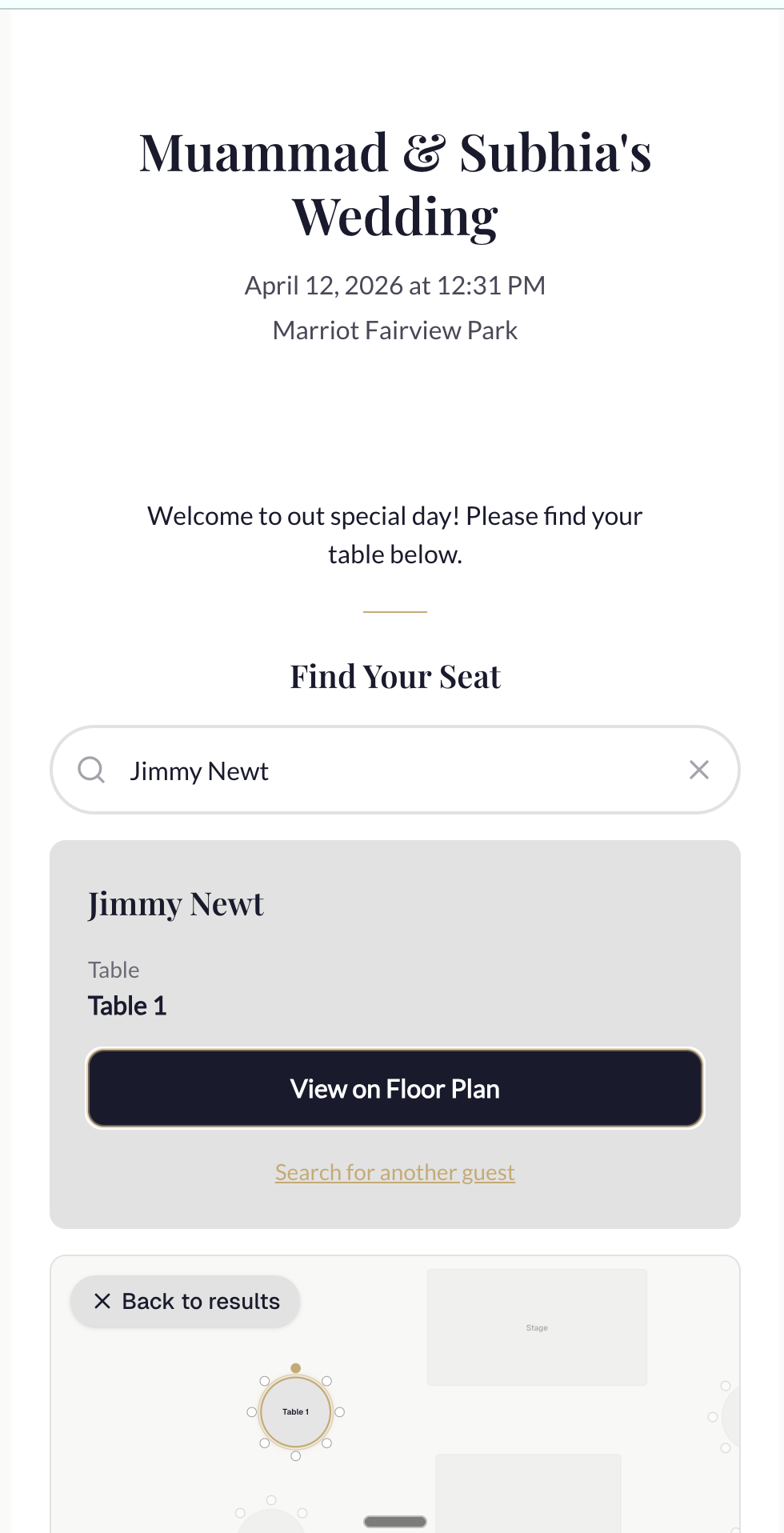 Mobile guest page showing seat assignment with themed design and floor plan viewer