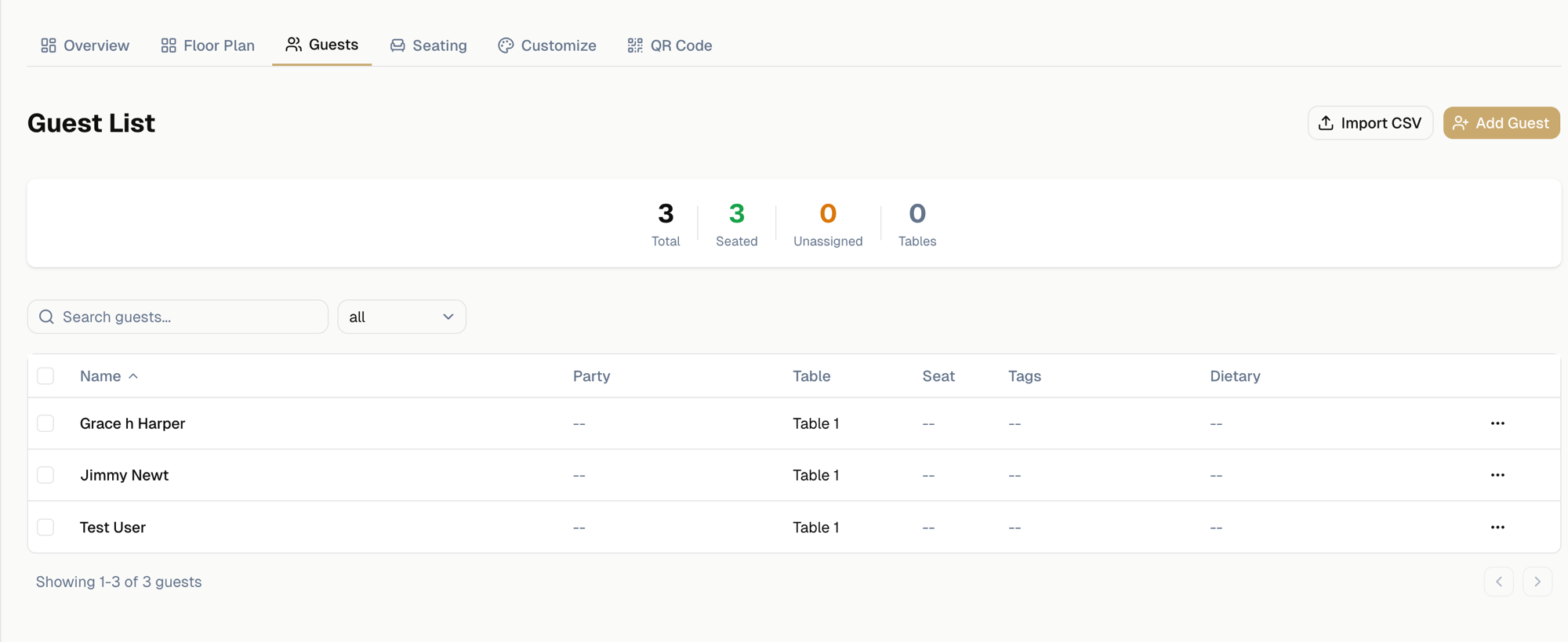 Guest list with stats bar showing total, seated, and unassigned counts