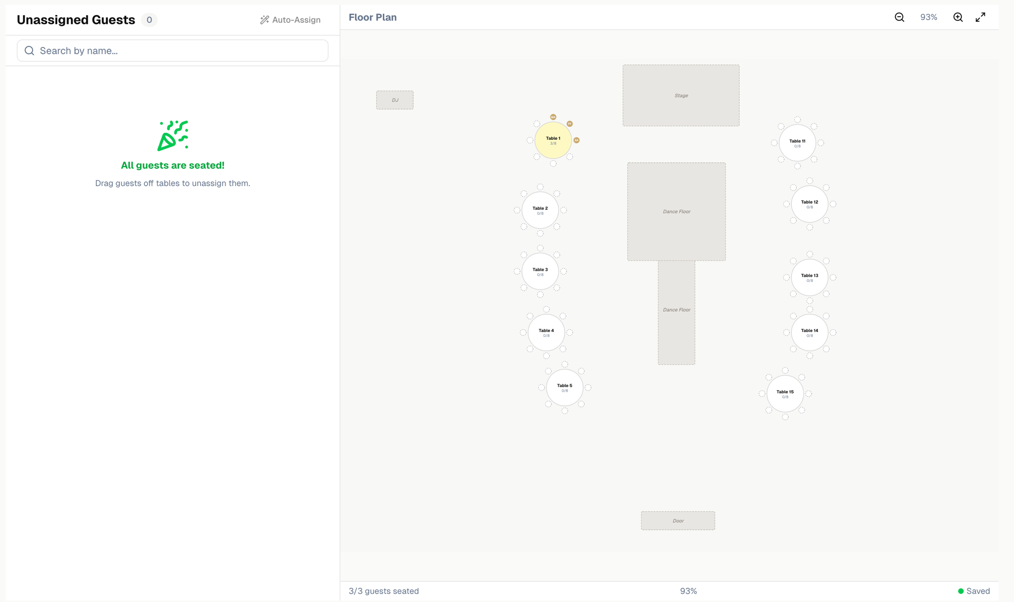 Seating assignment view with drag-and-drop guest placement and floor plan