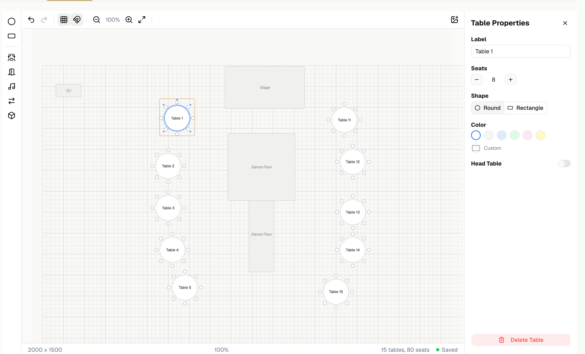 SeatMap floor plan builder showing tables, dance floor, and stage with drag-and-drop editing